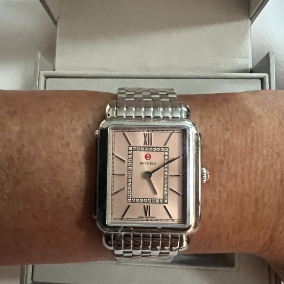 MICHELE DECO II DESERT ROSE PINK DIAMOND DIAL STEEL WATCH MWW06X000036 NEW main image 5